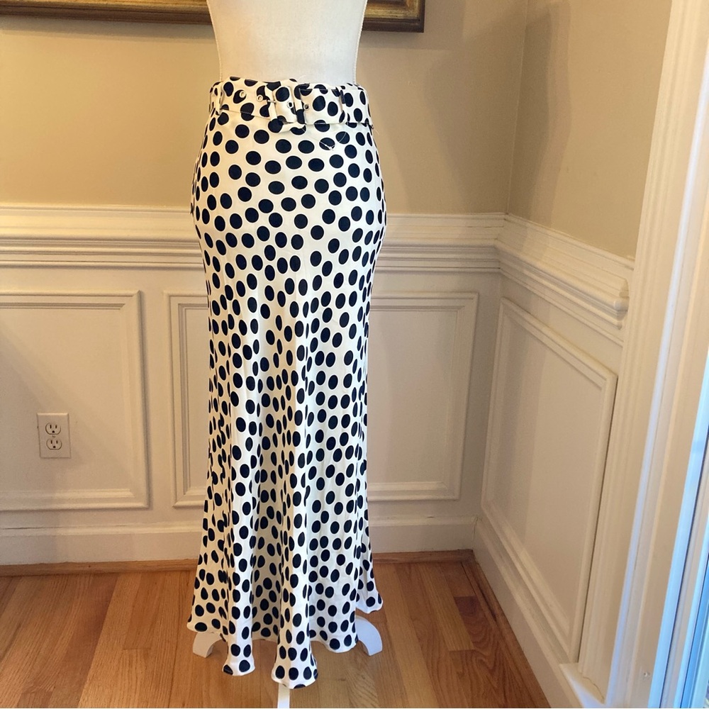 MANGO White Black Polka Dot Midi Belted Skirt